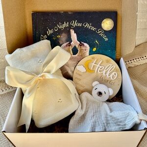 Baby Gift Set: Cream Baby Blanket with Book and Bear Toy